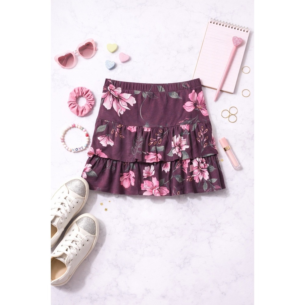 Justice Girls Floral Tiered Ruffle Skirt Size 12 Burgundy‎ Pink Flowers